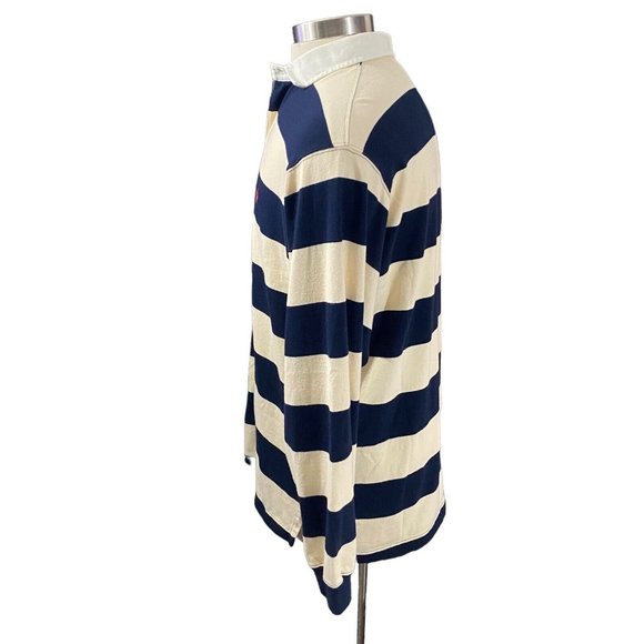 Ralph Lauren Polo Men Cream Navy Striped Red Pony Long Sleeve Rugby Polo Sz L - Picture 3 of 10